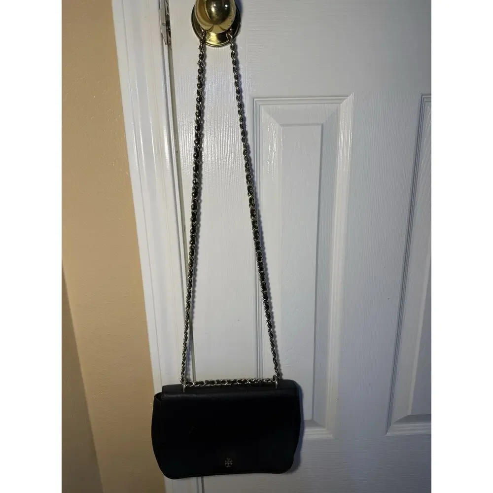 Tory Burch Black Small Flap Shoulder Bag Gold Chain Strap Magnetic Closure